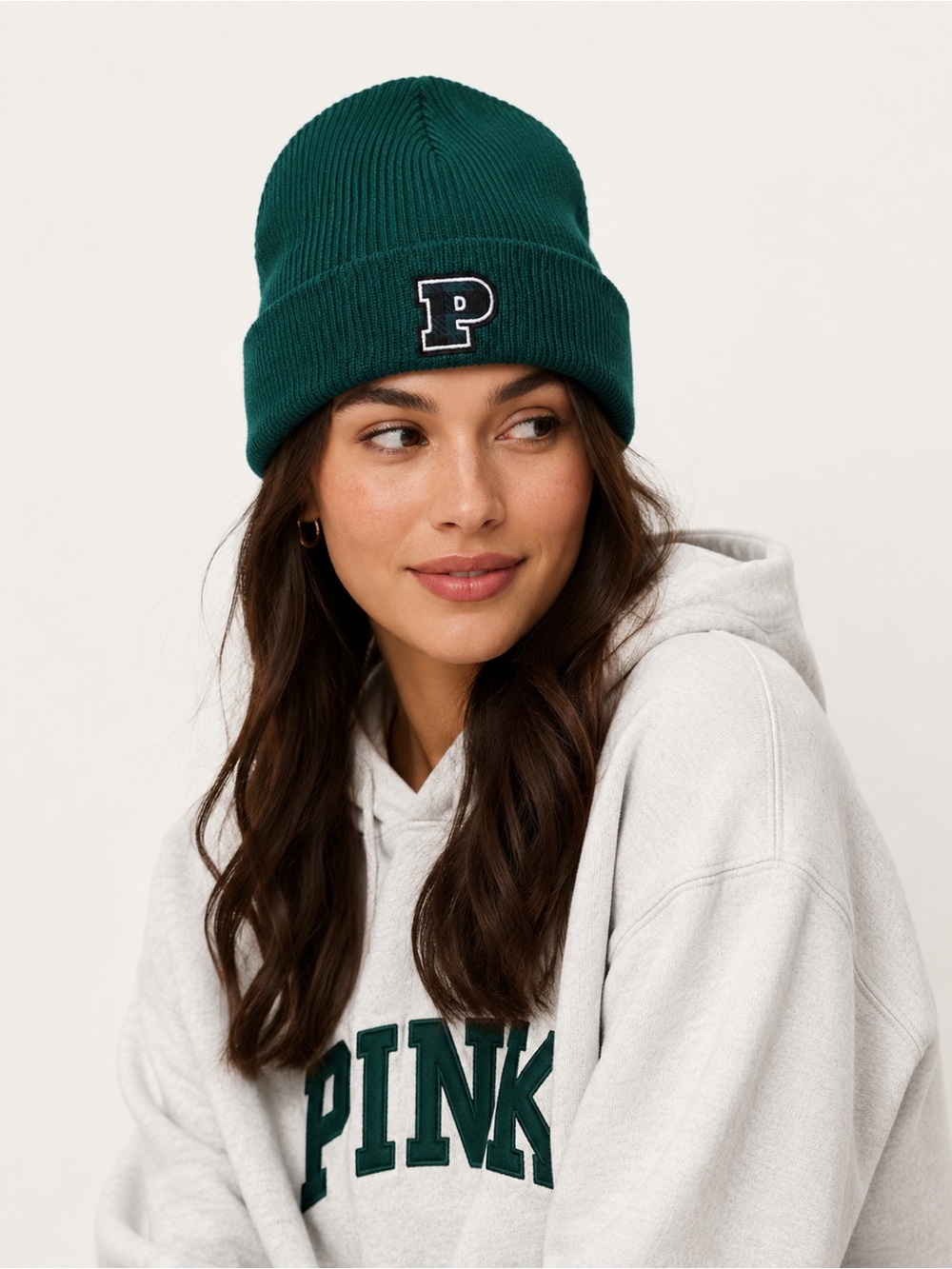 Victoria’s Secret PINK Green Knit Beanie Hat Logo Patch Winter Cap